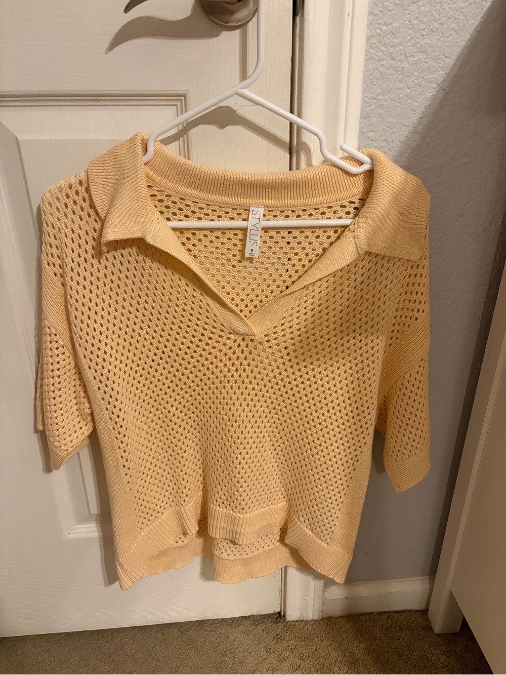 Light Cream Open-Knit Polo Sweater